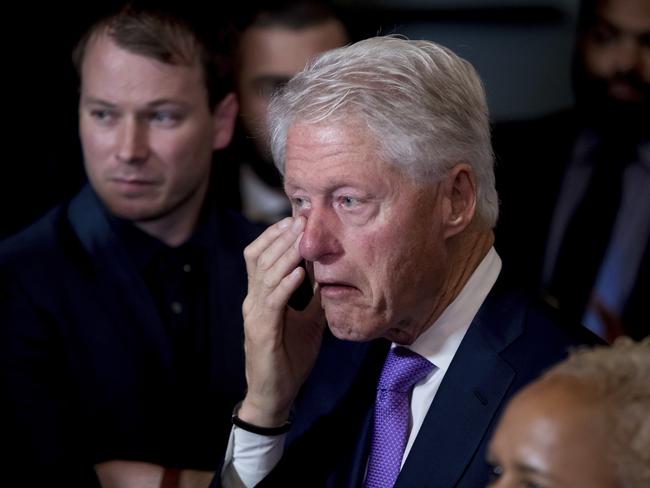 Former President Bill Clinton wipes away tears as Hillary Clinton addresses her closest aides and supporters after conceding defeat to Donald Trump. Picture: AP Photo/Andrew Harnik