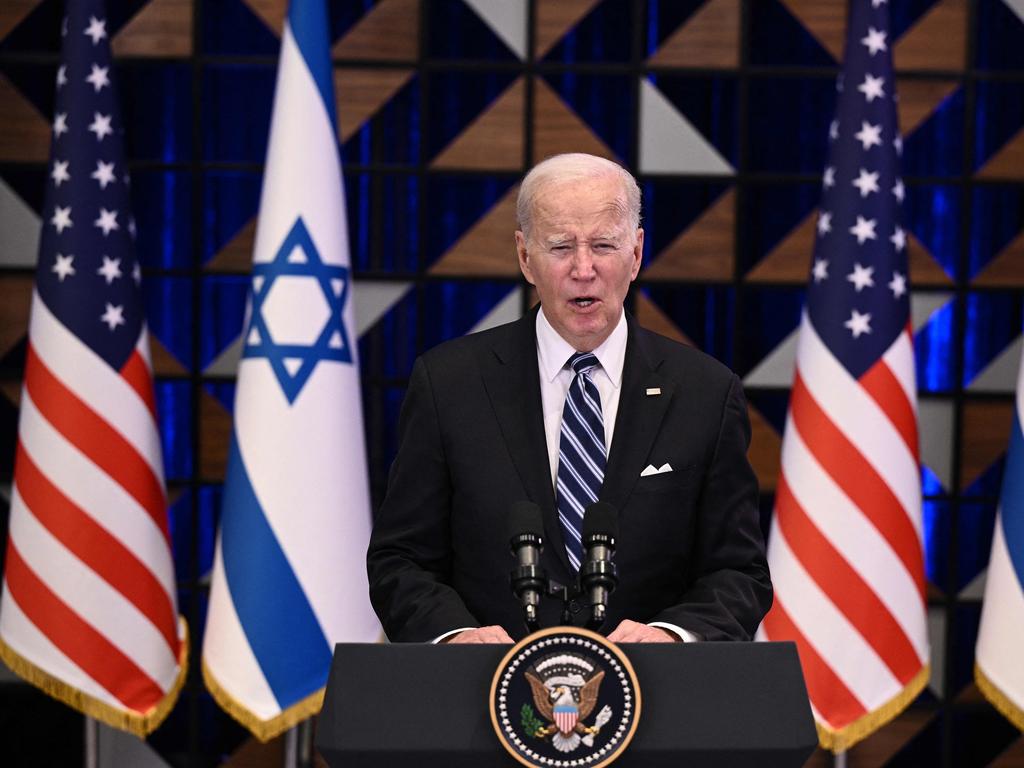 Joe Biden holds a press conference in Tel Aviv on October 18, 2023. Picture: AFP