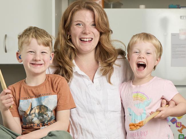 Elisha Lehmann, 5, with mum Naomi Lehmann and Isla May Lehmann, 3, at home in Clovelly Park, where Hydrogen Park SA delivers a 5% renewable gas blend to more than 4000 gas customers, Wednesday, Sept. 6, 2023. Picture: Matt Loxton