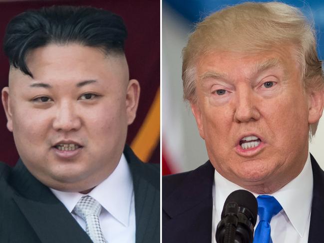 (FILES)(COMBO) This combo of file photos shows an image (L) taken on April 15, 2017 of  North Korean leader Kim Jong-Un on a balcony of the Grand People's Study House following a military parade in Pyongyang; and an image (R) taken on July 19, 2017 of US President Donald Trump speaking during the first meeting of the Presidential Advisory Commission on Election Integrity in Washington, DC. An escalating war of words between Donald Trump and Kim Jong-Un ratcheted up a notch on September 22, 2017 as the US president dubbed North Korea's leader a "madman," a day after the reclusive regime hinted it may explode a hydrogen bomb over the Pacific Ocean. Hours earlier, in a rare personal attack, Kim took aim at Trump, branding him "mentally deranged" and warning he would "pay dearly" for his threat to destroy North Korea if challenged, uttered before the United Nations General Assembly.  / AFP PHOTO / SAUL LOEB AND Ed JONES