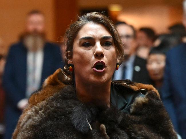 CANBERRA, AUSTRALIA - OCTOBER 21: Australian politician, Senator Lidia Thorpe heckles King Charles III during the ceremonial welcome and Parliamentary reception at the Australian Parliament House on October 21, 2024, in Canberra, Australia. The King's visit to Australia is his first as monarch, and the Commonwealth Heads of Government Meeting (CHOGM) in Samoa will be his first as head of the Commonwealth. (Photo by Victoria Jones - Pool/Getty Images)