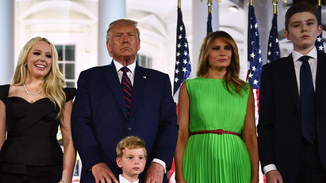 Tiffany, pictured left law school graduate and Trump’s only child with his second wife, Marla Maples, is angling for work. While, the only name missing from the Trump succession stakes is the president’s youngest son, Barron, pictured right. Picture: AFP