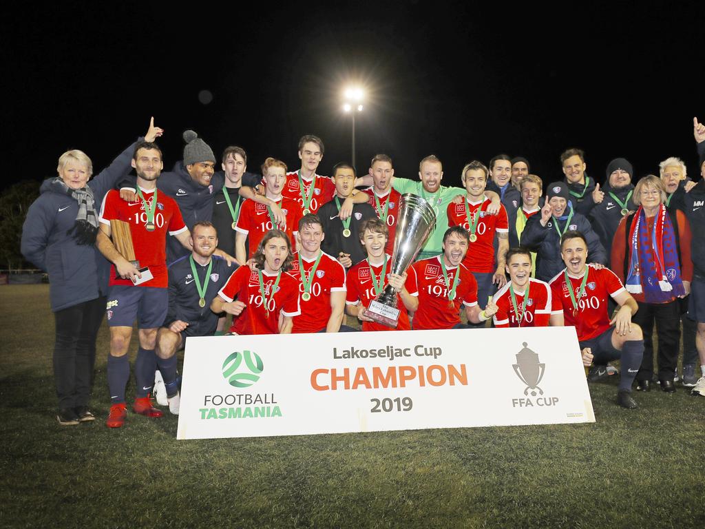 Lokoseljac Cup Final at KGV. Devonport Strikers versus South Hobart. South Hobart celebrate winning the Lakoseljac Cup final against Devonport. Picture: PATRICK GEE