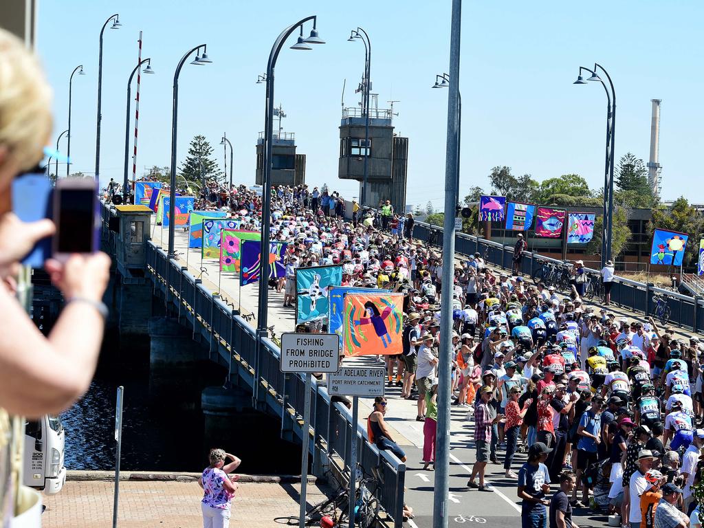 View from The British Hotel, Port Adelaide of the riders as they cross the Birkenhead Bridge. Picture: Bianca De Marchi