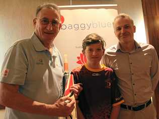 BAGGY BLUES: Former Test and World Series fast bowler Lenny Pascoe was happy to sign a bat for junior Alstonville player Sam Dayhew who attended the Baggy Blues breakfast with dad Guy. Picture: Alison Paterson