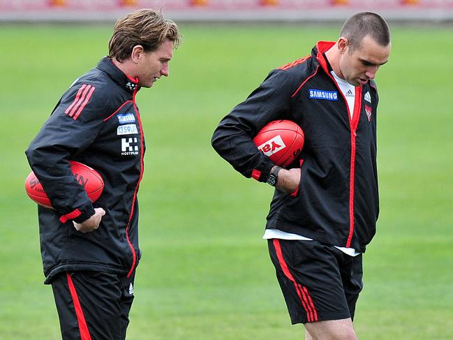 Essendon's first 15 minute training at Windy Hill. James Hird and Scott Lucas.