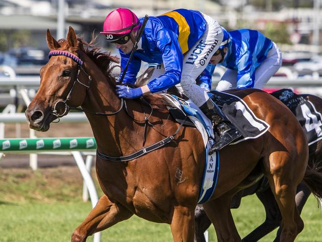 James Orman rides Gem of Scotland to victory during race 5, the Cutters Skips QTIS Three-Years-Old Handicap, during Clayfield College Race Day at Eagle Farm Racecourse, Brisbane, Saturday, October 12, 2019. (AAP Image/Glenn Hunt) NO ARCHIVING, EDITORIAL USE ONLY