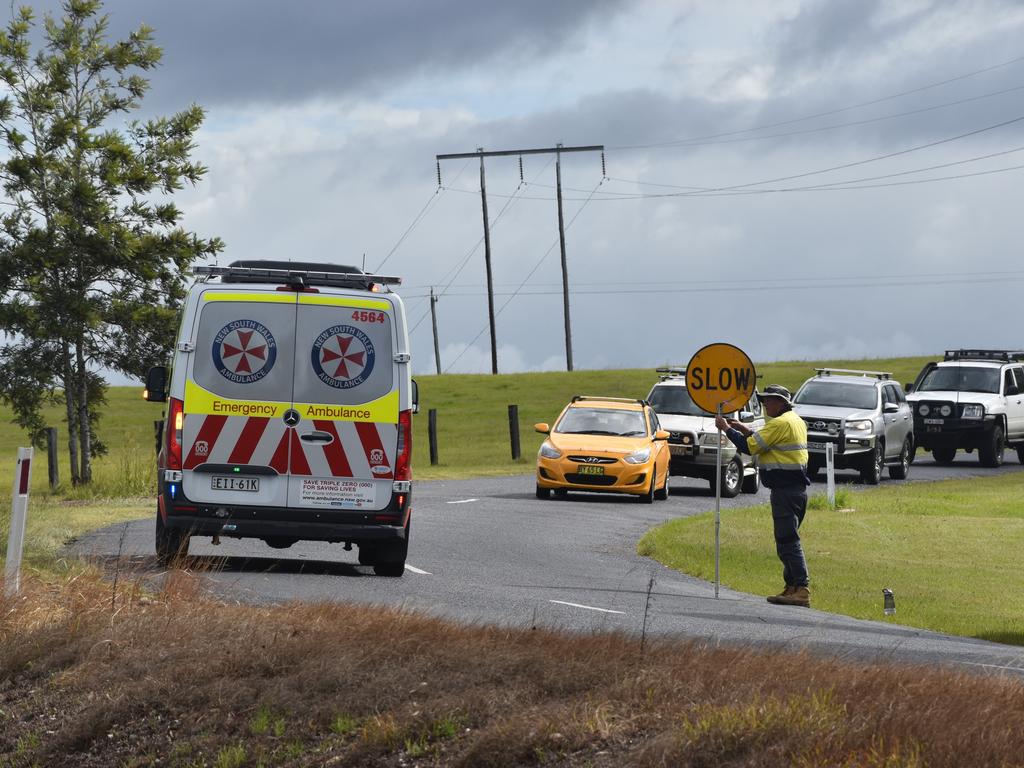 A man who suffered serious injuries after he crashed his vehicle into a power pole on Rogans Bridge Rd north of Waterview Heights was transported by road ambulance to the Westpac Rescue Helicopter located in a nearby paddock on Thursday, 18th February, 2021. Photo Bill North / The Daily Examiner