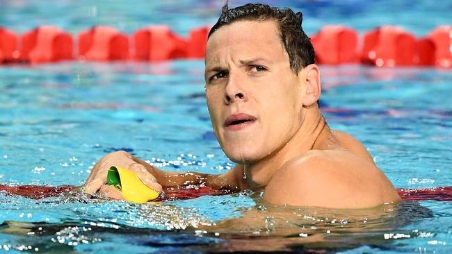 GOLD COAST, AUSTRALIA - APRIL 07:  Mitch Larkin of Australia looks on following the Men's 50m Backstroke Semifinal 1 on day three of the Gold Coast 2018 Commonwealth Games at Optus Aquatic Centre on April 7, 2018 on the Gold Coast, Australia.  (Photo by Quinn Rooney/Getty Images)