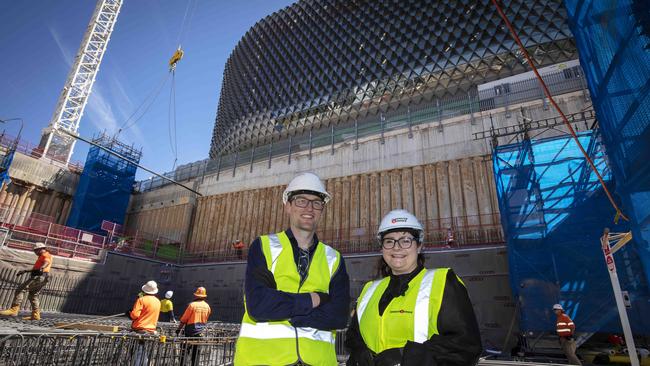 SAHMRI’s Dr Scott Penfold, the lead medical physicist and the first employee at the Bragg Centre and Commercial &amp; General project manager Courtney Proctor.. Picture: Emma Brasier.