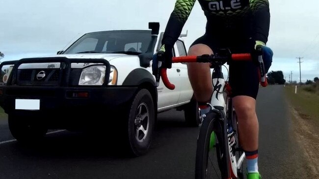 Still from a video of the driver overtaking a group of cyclists. Picture: Tasmania Police.