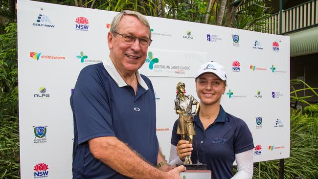 Stephanie Kyriacou receiving her trophy at Bonville.