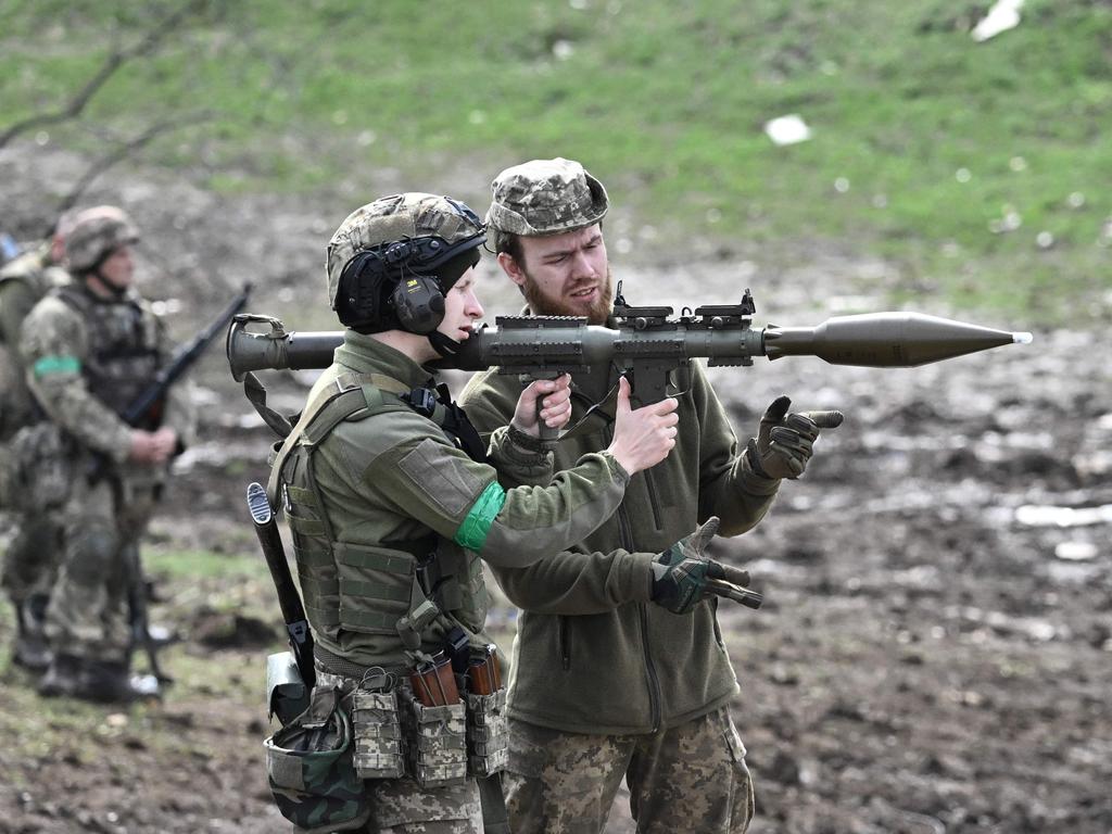 Ukrainian troops train for an upcoming spring offensive. Picture: AFP