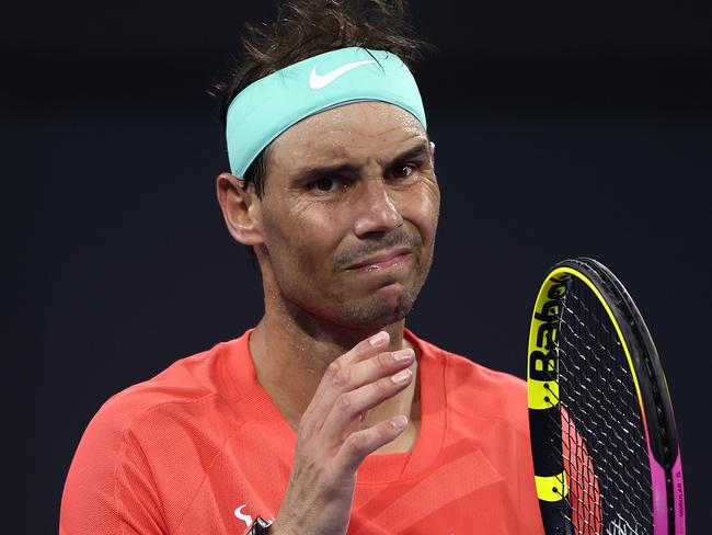 BRISBANE, AUSTRALIA - JANUARY 05: Rafael Nadal of Spain looks on in his match against Jordan Thompson of Australia  during day six of the  2024 Brisbane International at Queensland Tennis Centre on January 05, 2024 in Brisbane, Australia. (Photo by Chris Hyde/Getty Images)