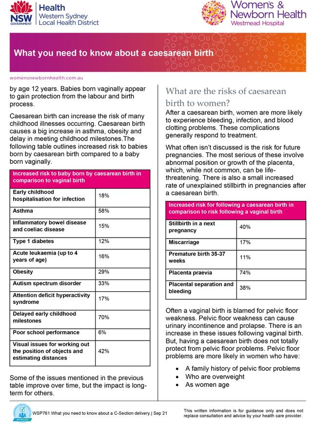 The NSW Health document has been slammed as incorrect and for shaming women who undergo caesareans.