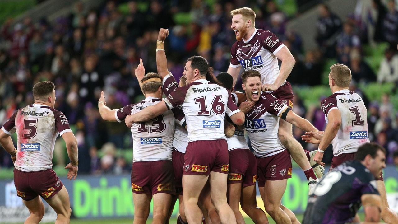 The Sea Eagles celebrate their golden point victory over Melbourne