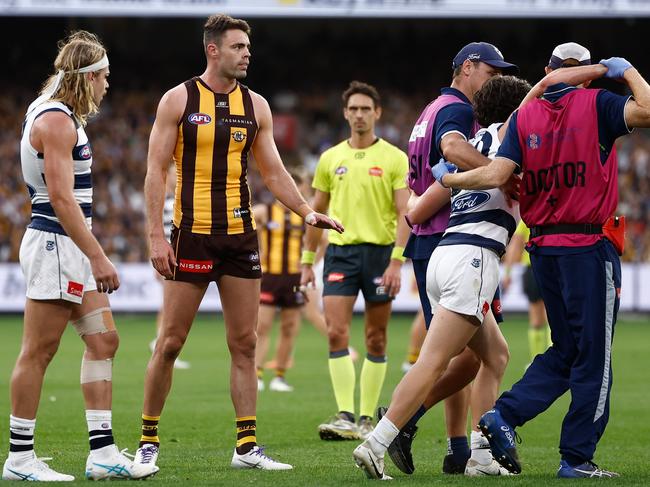 Conor Nash was apologetic for a big hit on Geelong’s Gryan Miers. Picture: Michael Willson/AFL Photos