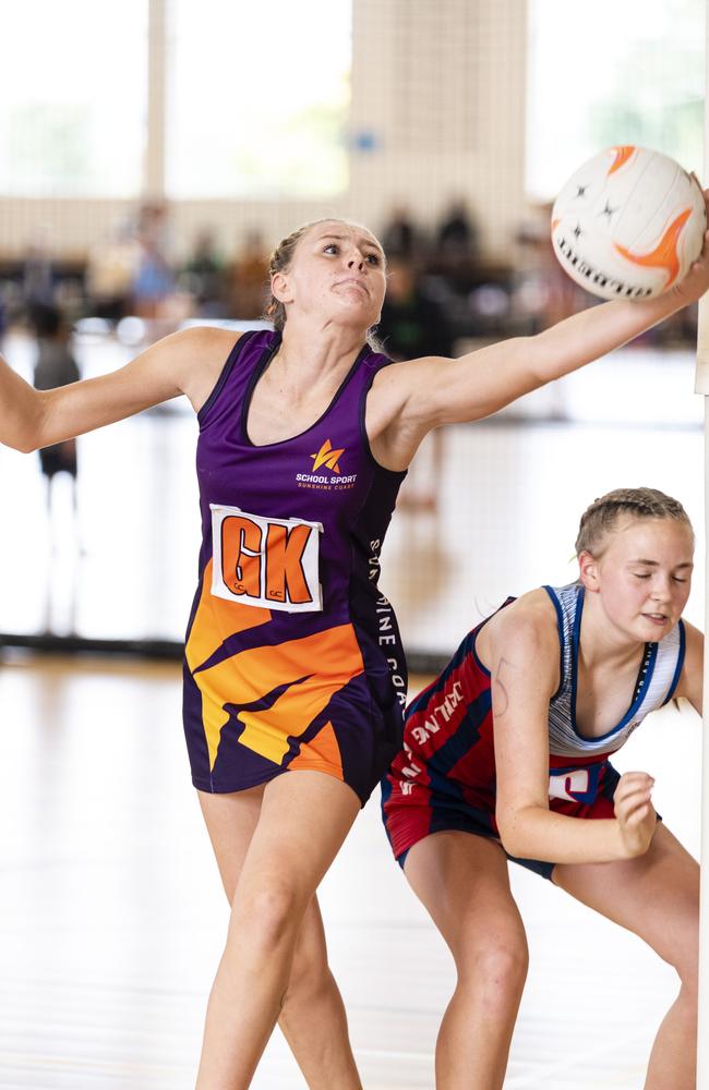 Samaya Cook for Sunshine Coast against Darling Downs in Queensland School Sport 13-15 Years Girls Netball Championships at The Clive Berghofer Sports Centre, The Glennie School, Friday, May 6, 2022. Picture: Kevin Farmer