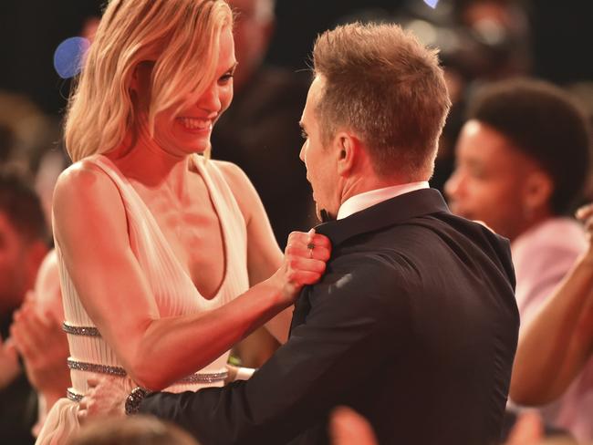 Leslie Bibb congratulates Sam Rockwell in the audience after winning the award for outstanding performance by a male actor in a supporting role for “Three Billboards Outside Ebbing, Missouri” at the 24th annual Screen Actors Guild Awards. Picture: AP