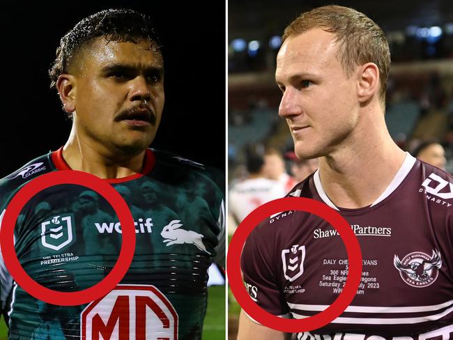 Tape fell off the NRL logos of Latrell Mitchell and Daly Chery-Evans.