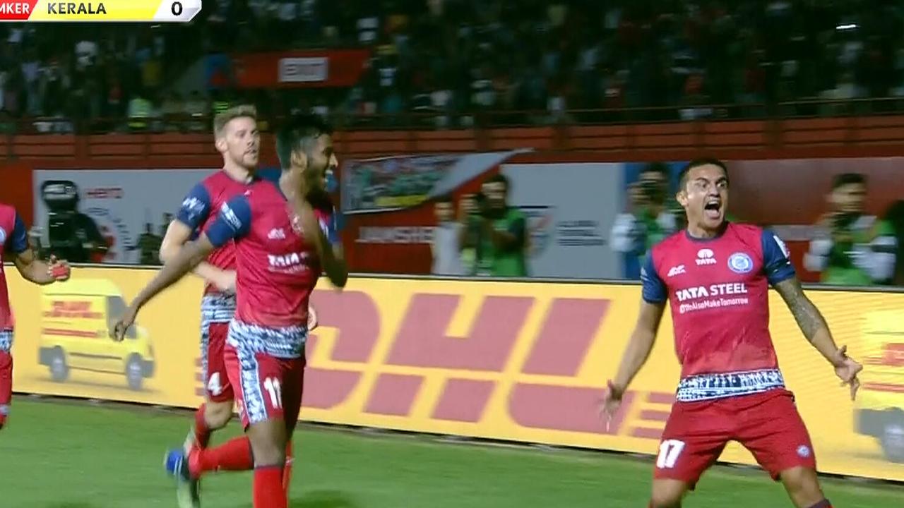 Tim Cahill celebrates his first goal for Jamshedpur FC