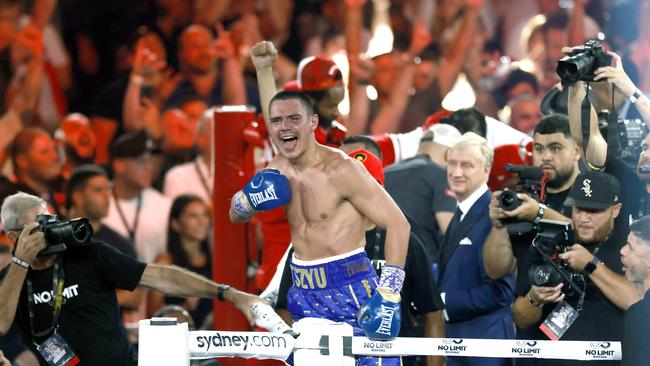 Tim Tszyu celebrates his win over Tony Harrison. (AAP Image/Mark Evans)