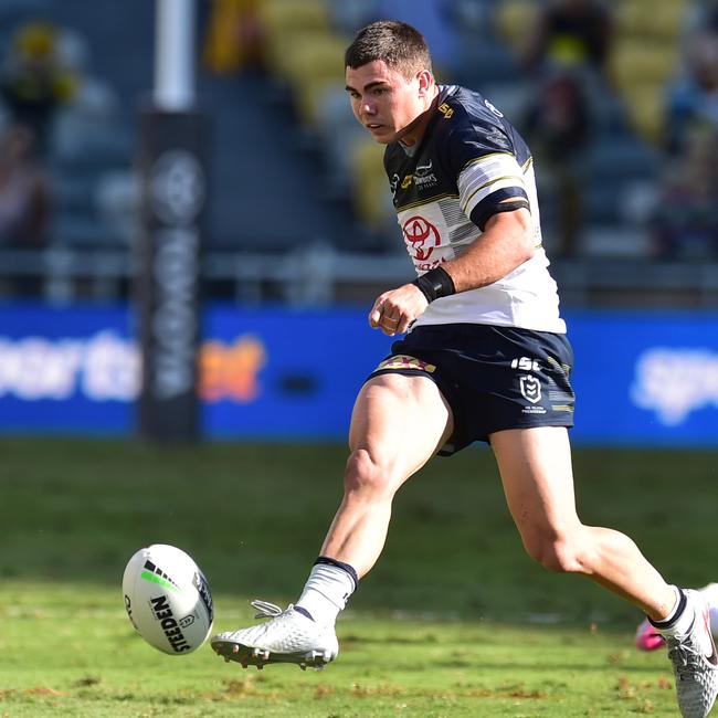 North Queensland Cowboys against Newcastle Knights at Queensland Country Bank Stadium. Cowboys Jake Clifford puts in a kick. Picture: Evan Morgan