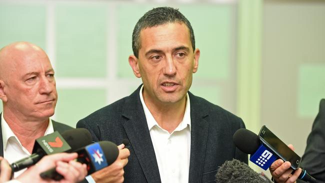 Treasurer Tom Koutsantonis speaks to the media in Whyalla. Photo Tom Huntley.