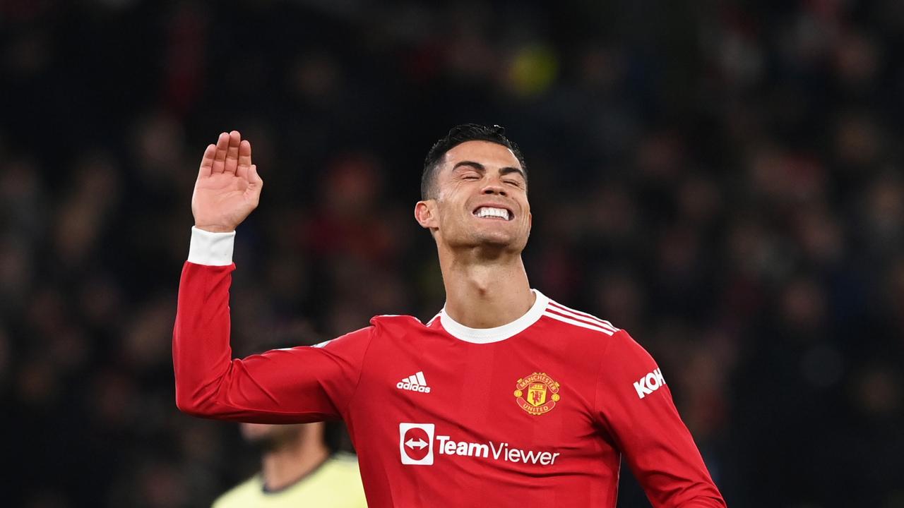 MANCHESTER, ENGLAND - DECEMBER 02: Cristiano Ronaldo of Manchester United reacts during the Premier League match between Manchester United and Arsenal at Old Trafford on December 02, 2021 in Manchester, England. (Photo by Shaun Botterill/Getty Images)