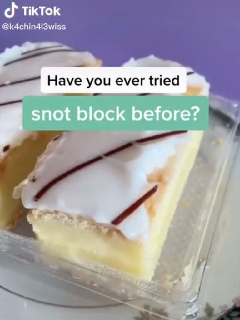 A video calling a vanilla slice a ‘snot block’ has sparked debate among Aussies. Picture: TikTok/@jublyumph