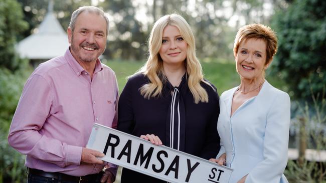 Alan Fletcher, Mischa Barton and Jackie Woodburne get into filming on the new chapter of Neighbours. Picture: Supplied/Channel 10