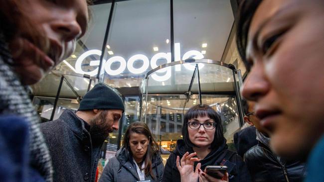 Google staff stage a walkout at the company's UK headquarters in London in 2018, amid a global campaign over the tech giant's handling of sexual harassment. Picture: AFP