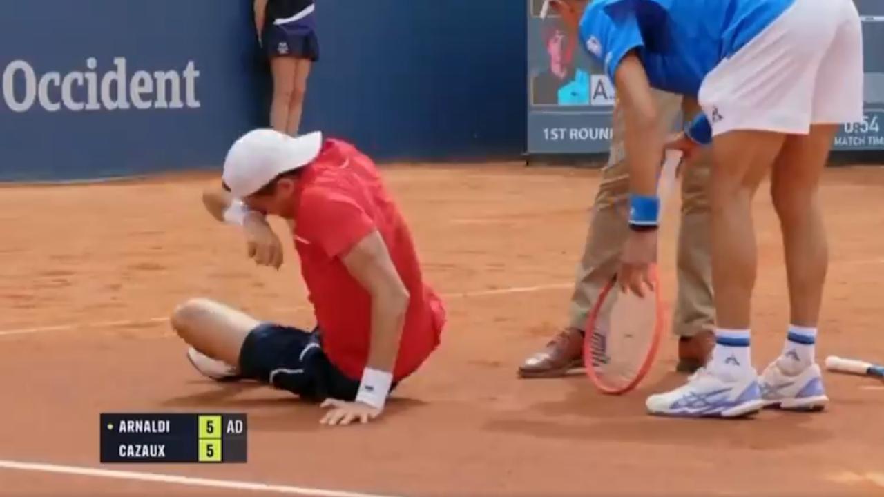 He fell into a heap on the clay