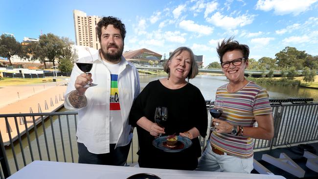 Duncan Welgemoedi, Cath Kerry and Gill Minervin prepare for the Riverbank Palais Long Lunch series