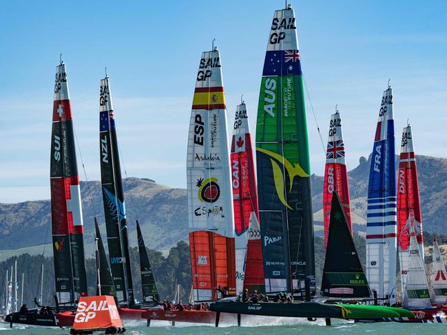 This handout photograph taken and released by SailGP on March 19, 2023 shows the SailGP F50 catamaran fleet in action on Race Day 2 of the ITM New Zealand Sail Grand Prix in Christchurch, New Zealand. (Photo by Bob MARTIN / SailGP / AFP) / RESTRICTED TO EDITORIAL USE - MANDATORY CREDIT 