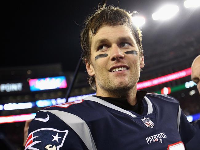 FOXBOROUGH, MA - JANUARY 21: Tom Brady #12 of the New England Patriots reacts after winning the AFC Championship Game against the Jacksonville Jaguars at Gillette Stadium on January 21, 2018 in Foxborough, Massachusetts.   Jim Rogash/Getty Images/AFP == FOR NEWSPAPERS, INTERNET, TELCOS & TELEVISION USE ONLY ==