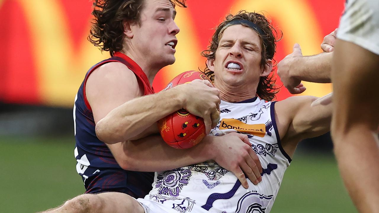 Nat Fyfe’s playing time and impact is steadily increasing, as he gathered 20 disposals and three clearances in Saturday’s win over Melbourne. Picture: Michael Klein