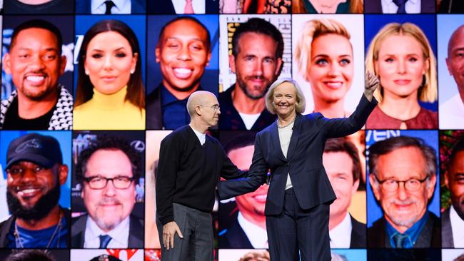 Meg Whitman, right, and Jeffrey Katzenberg announce their plans for Quibi in Las Vegas. Picture: AFP