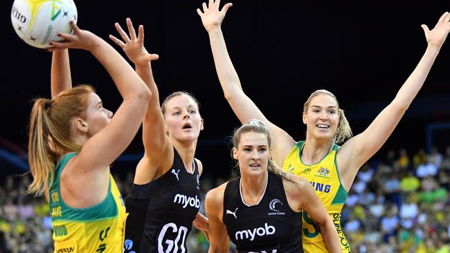 Caitlin Bassett (right) says the Diamonds are chasing a cleansweep of the Constellation Cup.