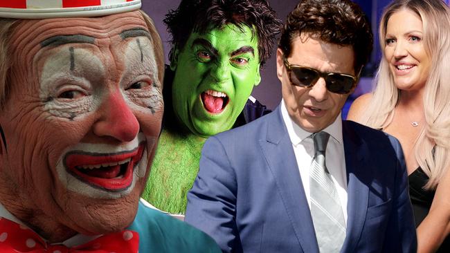 Melbourne celebrities who fell foul of the law (left to right): Jack Perry aka Zig the Clown, Rene Kink, Vince Colosimo and Brynne Edelsten.