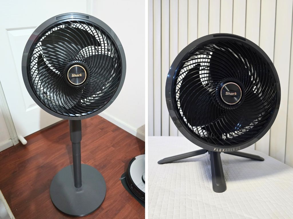 Go from a pedestal fan (left) to a portable tabletop fan (right) within seconds. Picture: Supplied/Tahnee-Jae Lopez-Vito.