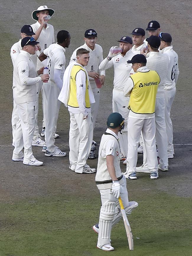 Marnus Labuschagne exchanges words with the England team after his dismissal. Picture: Getty Images