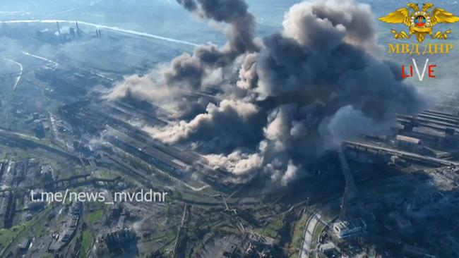 Smoke billowing from Mariupol's Azovstal bombed steel plant. Undated photo released May 4. Picture: Marie-Laure MESSANA / Interior Ministry of the Donetsk People's Republic / AFP.