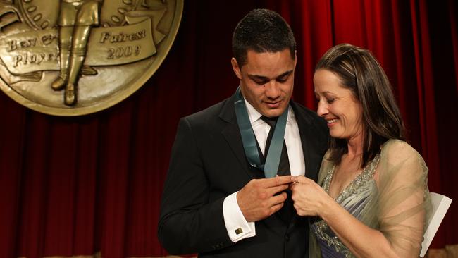 Jarryd Hayne with his mother Jodie celebrate his 2009 Dally M Medal win.