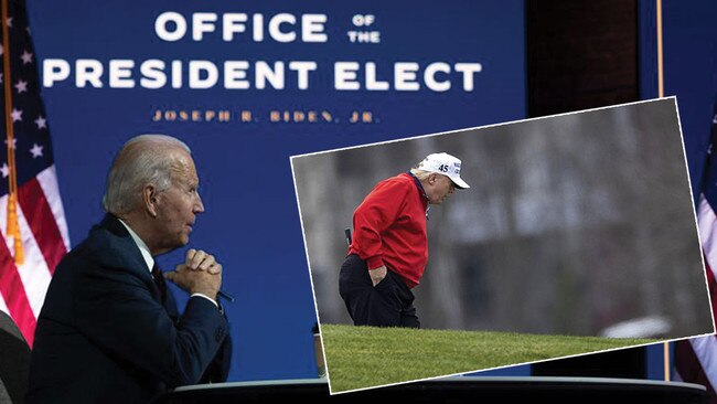 As US president-elect Joe Biden tries to get to work, Donald Trump plays golf. Pictures: AFP