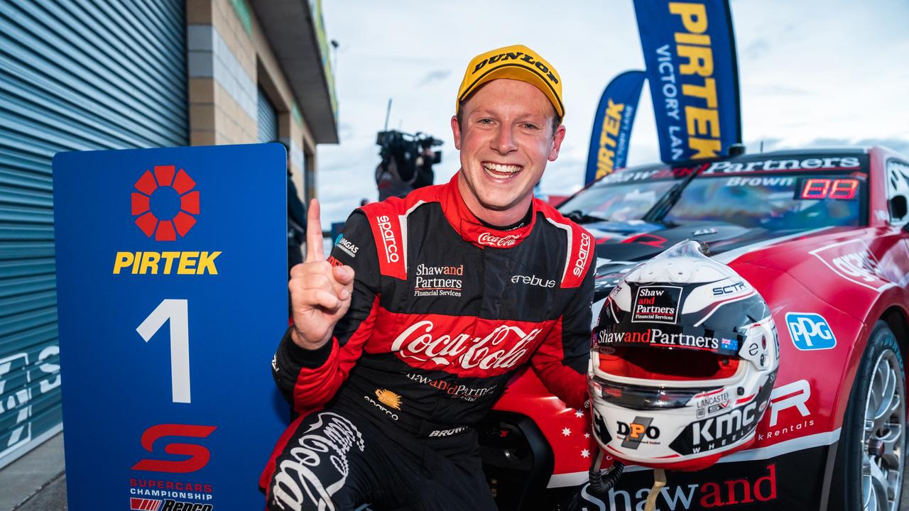 Will Brown driver of the #9 Coca-Cola Racing Chevrolet Camaro ZL1 celebrates his pole position. Picture: Getty Images