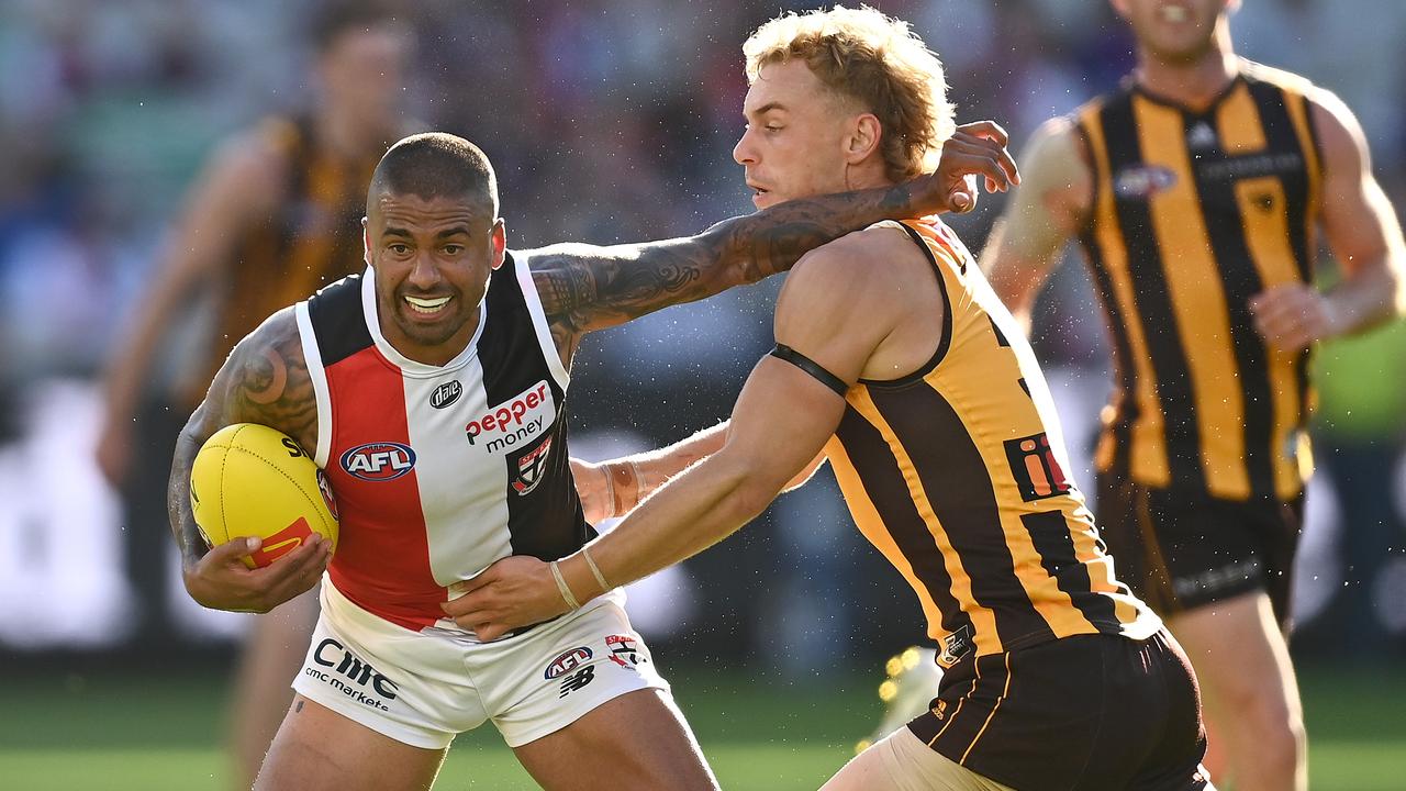 Bradley Hill fends off James Worpel. Picture: Quinn Rooney/Getty Images