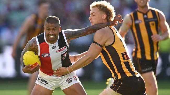 Bradley Hill fends off James Worpel. Picture: Quinn Rooney/Getty Images