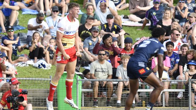 Jack Bostock celebrates scoring a try against the Gold Coast Titans in the pre-season. Picture: NRL Imagery