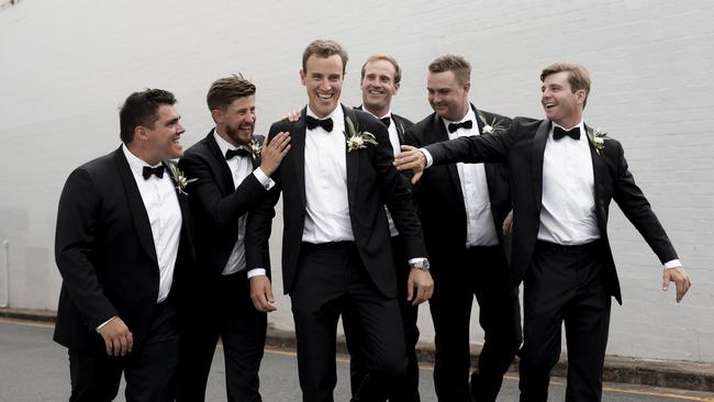 Fraser Byrne with his groomsmen. Picture: Bayleigh Vedelago